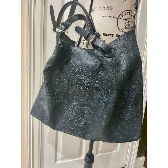 STELLA BIANCA SATCHEL CROSSBODY BAG MADE IN ITALY TOOLED EMBOSSED BLACK LEATHER - Picture 13 of 13